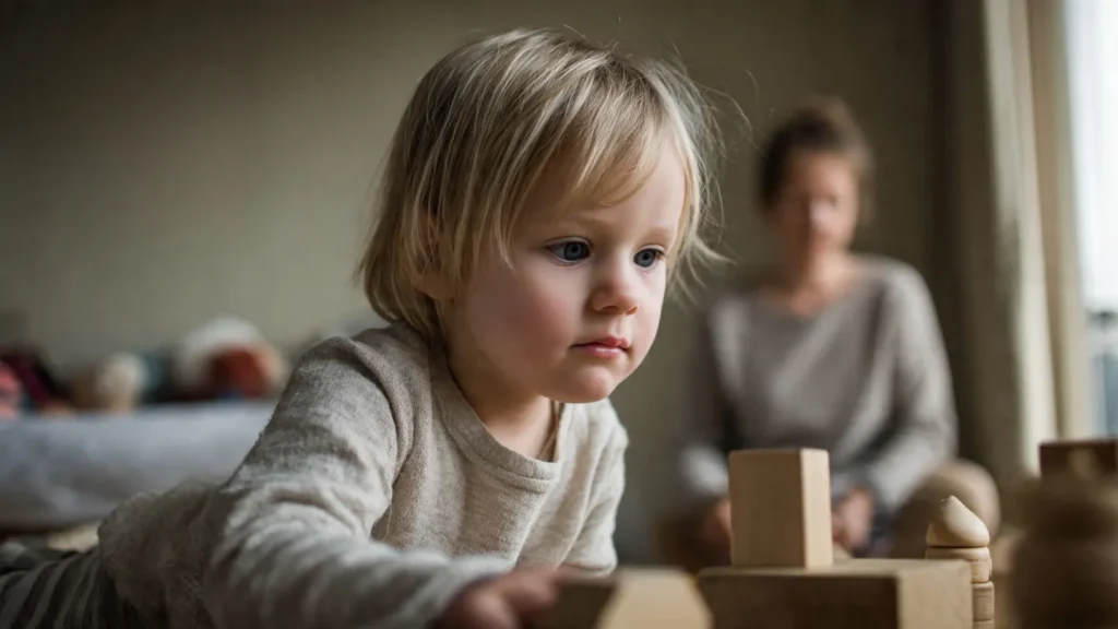 Parent observant son enfant jouer de manière autonome avec des jouets Montessori en bois.