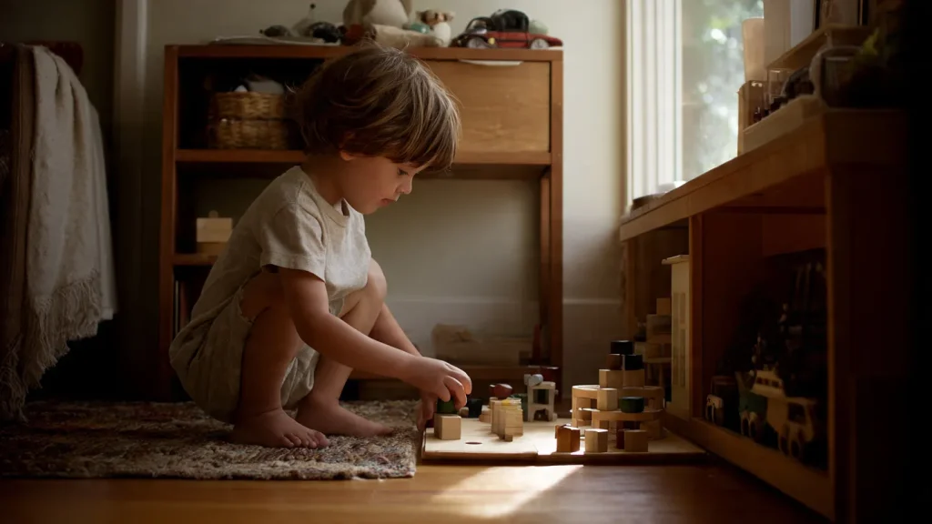Enfant développant son autonomie en manipulant un jouet Montessori en bois à la maison