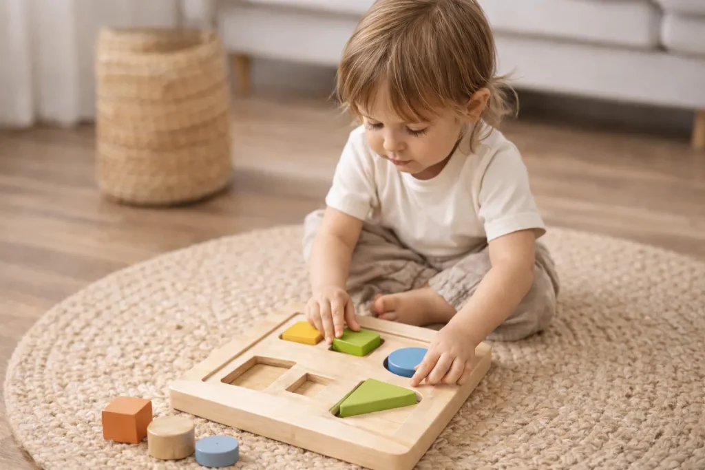 Jeu d’encastrement Montessori en bois pour enfant de 2 à 4 ans favorisant la motricité fine.