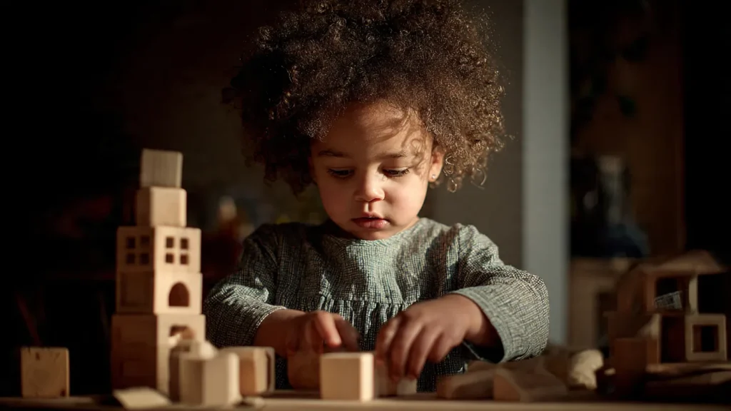 Enfant africain de 3 à 4 ans développant son autonomie en jouant avec des jouets Montessori en bois