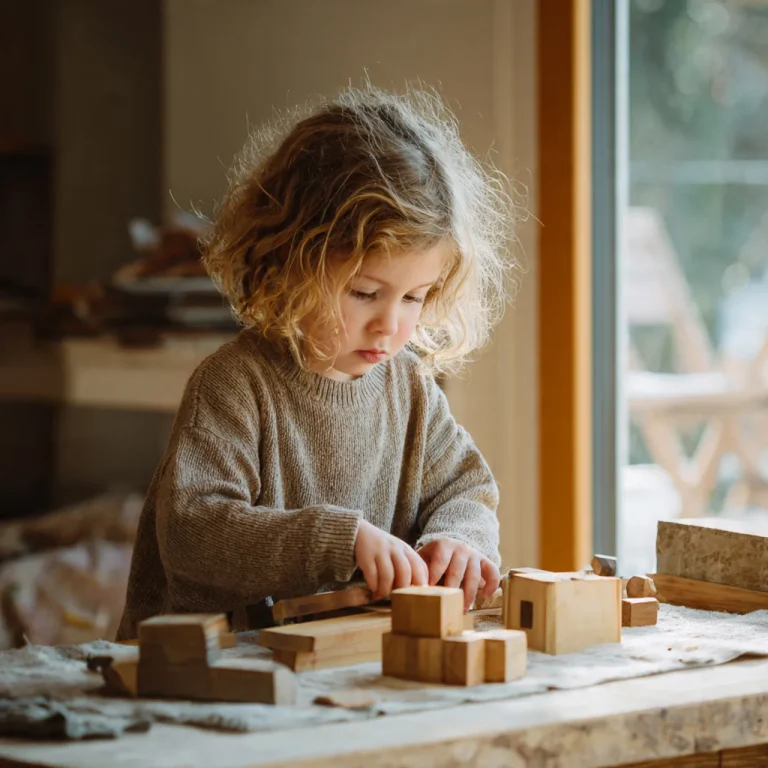 Enfant de 3 ans jouant avec des jouets éducatifs Montessori en bois