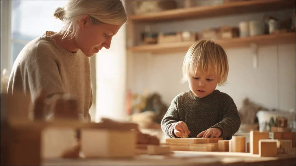 Parent préparant un environnement Montessori adapté pour favoriser l’autonomie de l’enfant