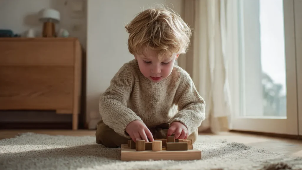 Enfant utilisant un jouet Montessori pour développer son autonomie et sa concentration