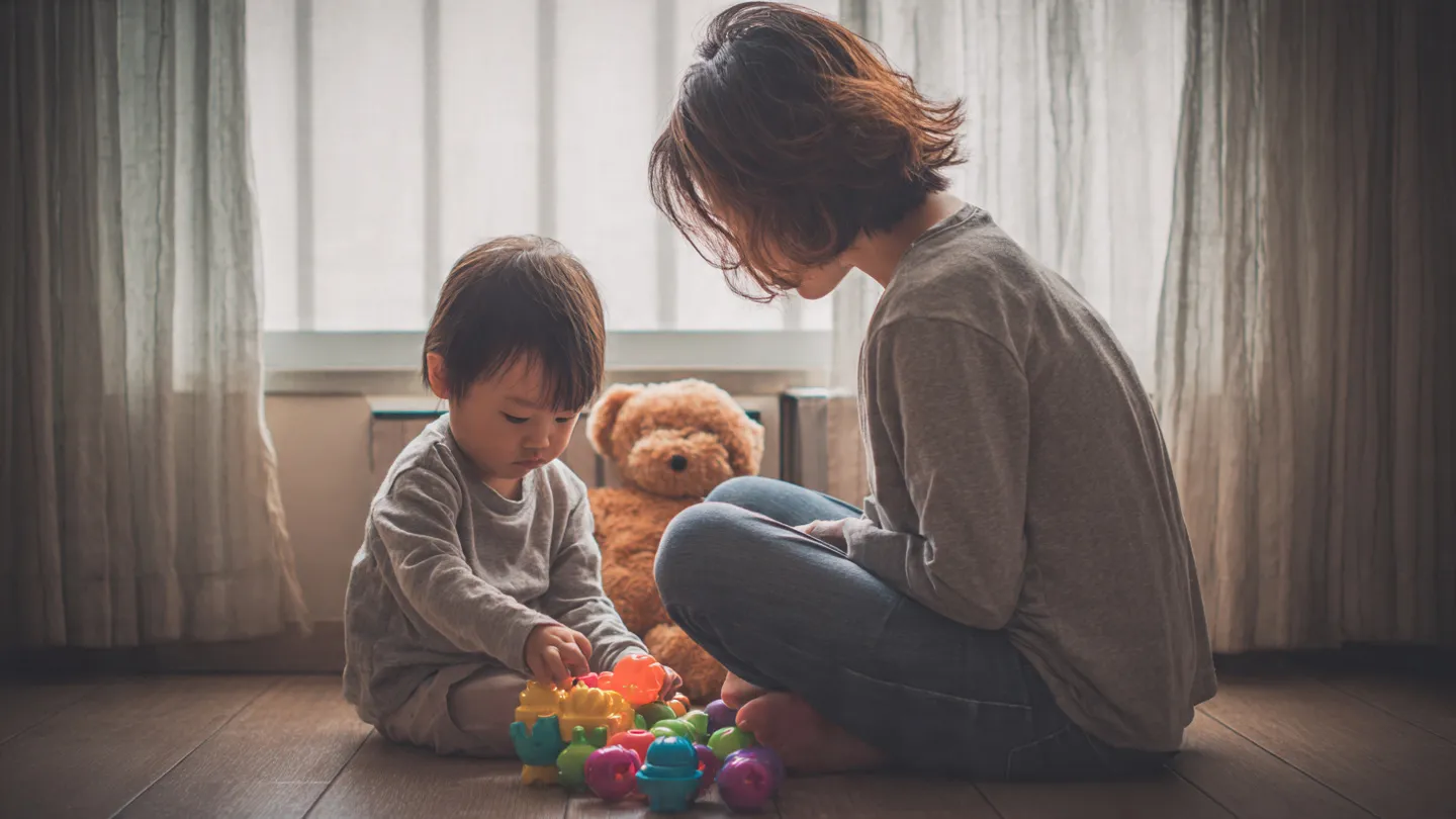 Parent accompagnant un enfant avec un jouet de motricité fine sans le frustrer