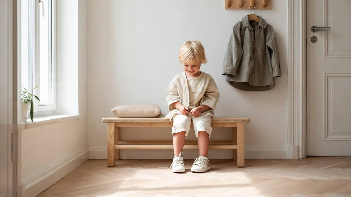 Enfant blond assis sur un banc en bois s'habillant seul dans une entrée lumineuse.