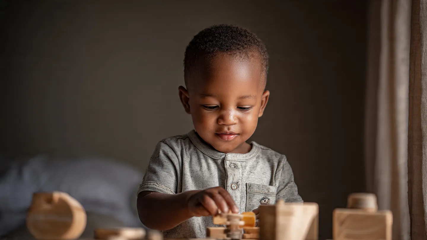 Enfant de 2 à 3 ans jouant en confiance avec un jouet éducatif