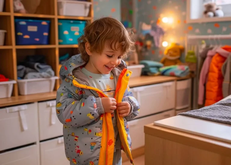 Enfant souriant fermant sa veste seul dans une chambre Montessori lumineuse.