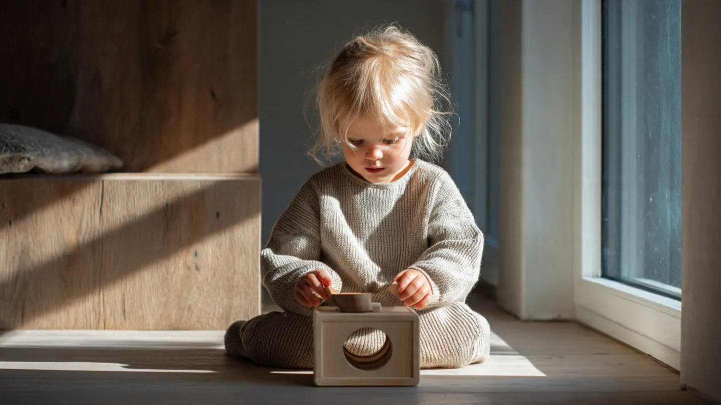 Enfant jouant calmement avec un jouet éducatif en bois dans un environnement familial