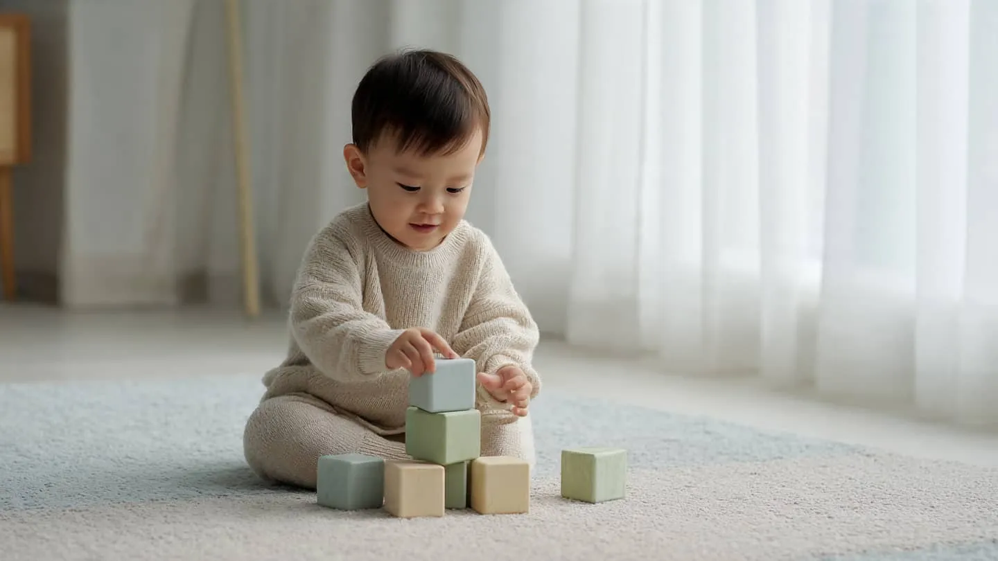 Enfant de 1 à 2 ans jouant avec un jouet éducatif en bois favorisant la manipulation et la motricité