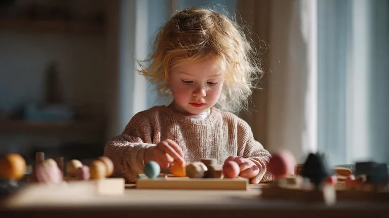 Enfant de 2 à 3 ans jouant calmement avec un jouet éducatif adapté à son âge