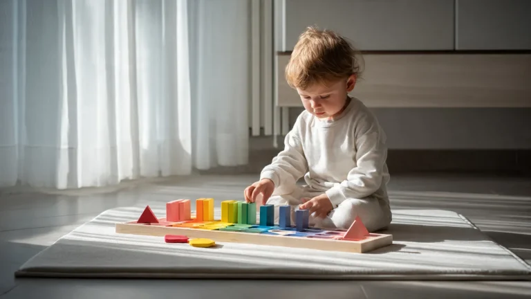 Enfant de 3 ans jouant avec un jouet éducatif Montessori coloré pour la motricité fine