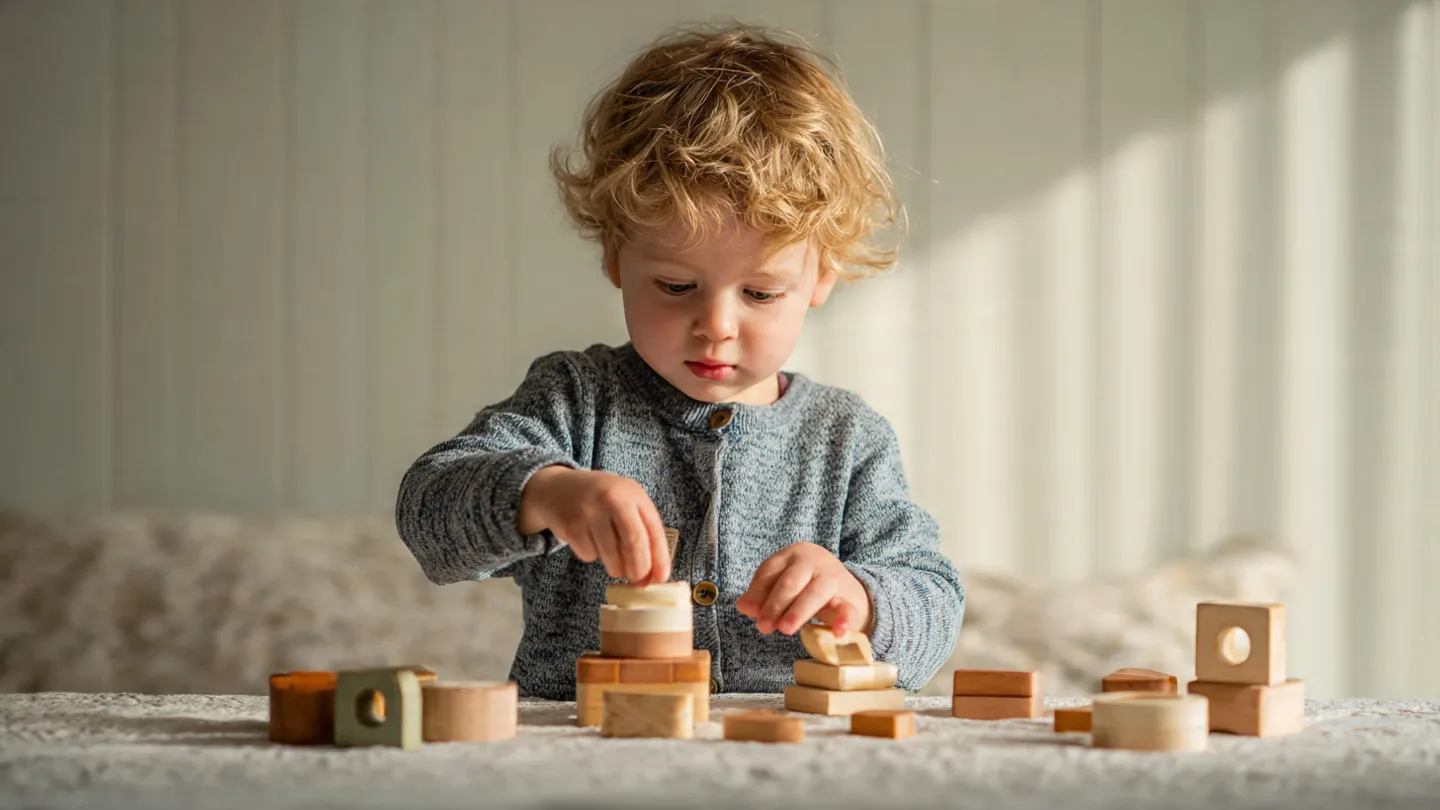 Enfant manipulant un jouet éducatif favorisant la motricité fine et la réflexion