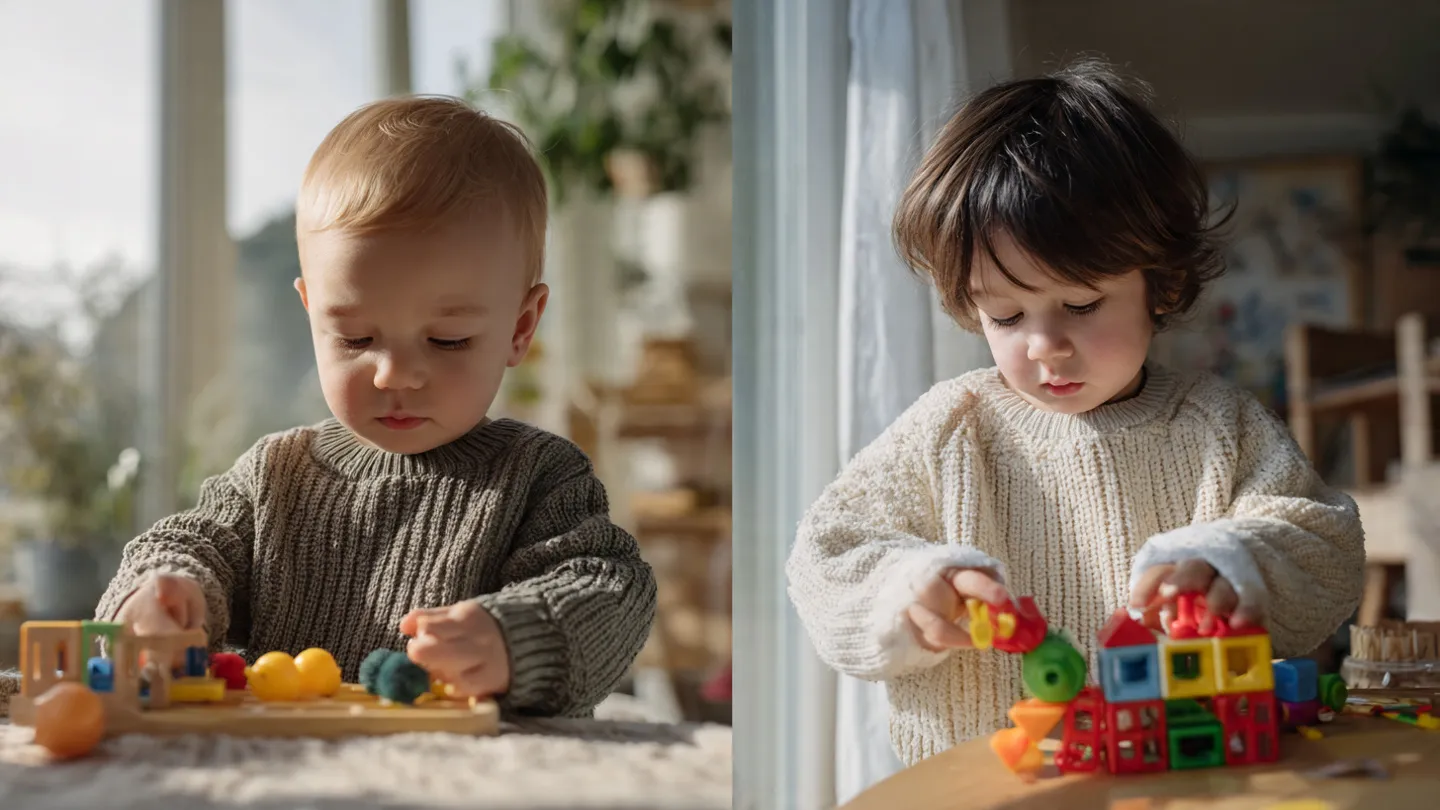 Deux enfants d’âges différents jouant avec des jouets éducatifs adaptés à leur développement
