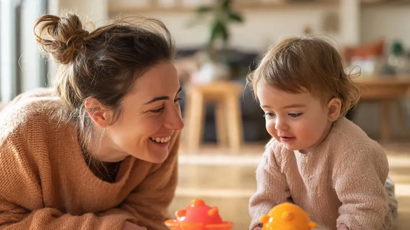Parent accompagnant son enfant lors d’un moment de jeu libre avec un jouet éducatif