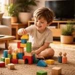 enfant joue blocs bois naturel soleil salon chaleureux style lifestyle