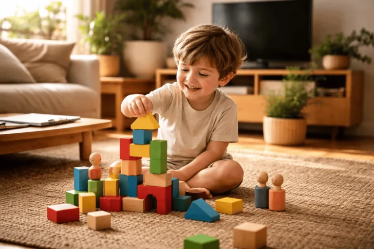 enfant joue blocs bois naturel soleil salon chaleureux style lifestyle