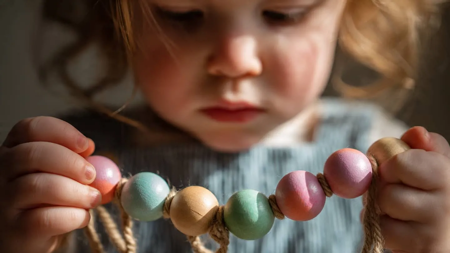 mains enfant enfilage perles bois motricité fine gros plan