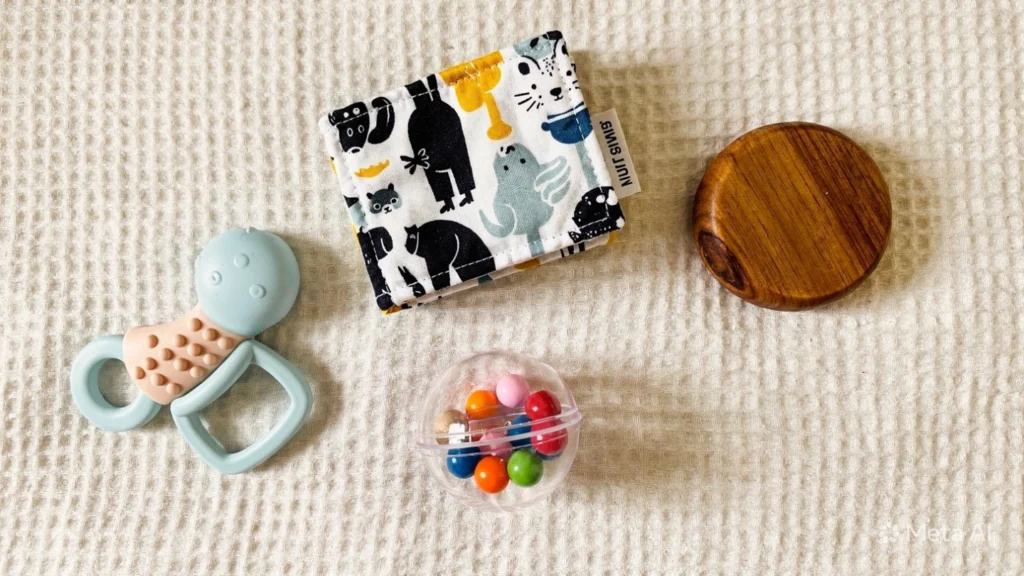 Sélection de jouets d'éveil pour bébé montrant des textures variées: silicone, bois, papier bruissant.