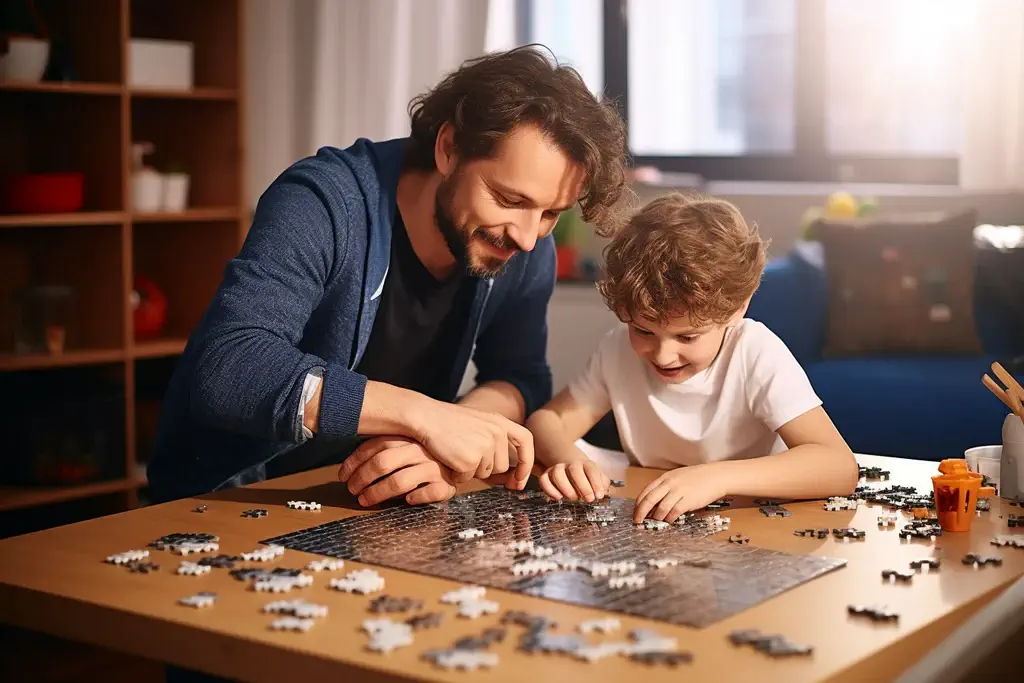 Maman et enfant de 3 ans faisant un puzzle ensemble moment de complicite