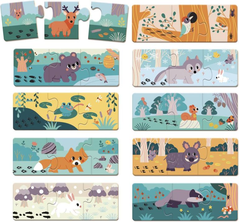Puzzles Animaux et Empreintes Janod, 10 trios