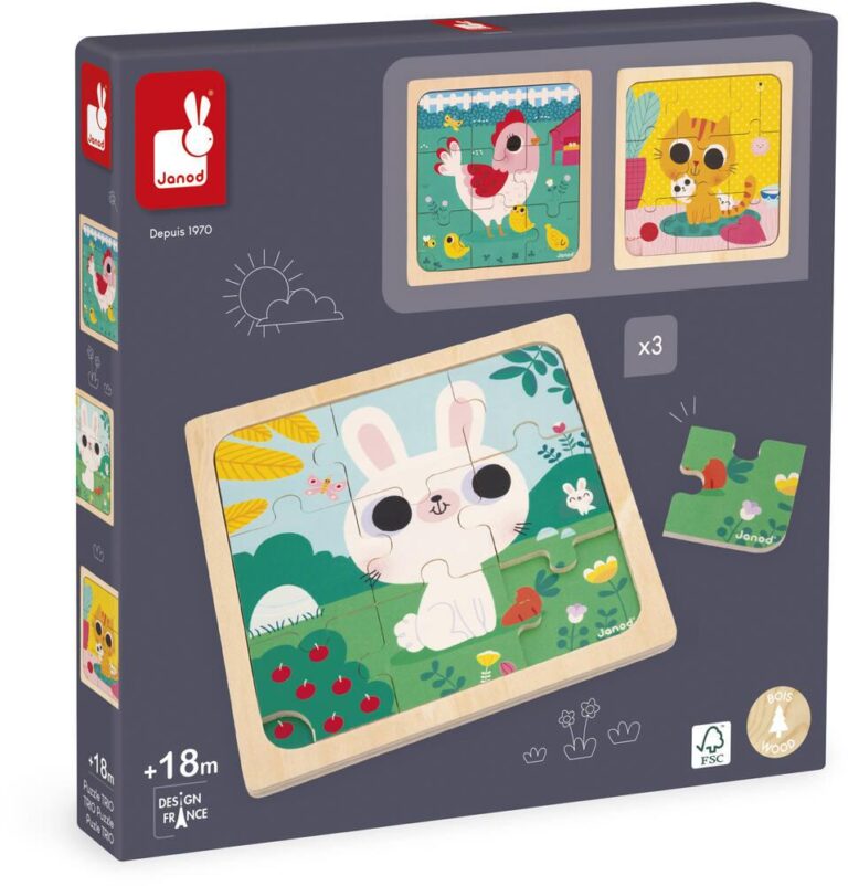 Coffret 3 puzzles Trio Janod, 9 pièces chacun