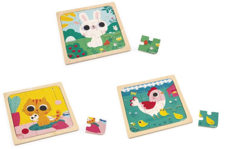 Coffret 3 puzzles Trio Janod, 9 pièces chacun